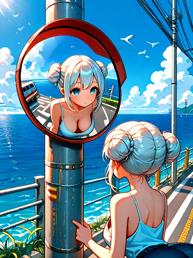 convex mirror,  traffic mirror,  utility pole on Tensor.Art