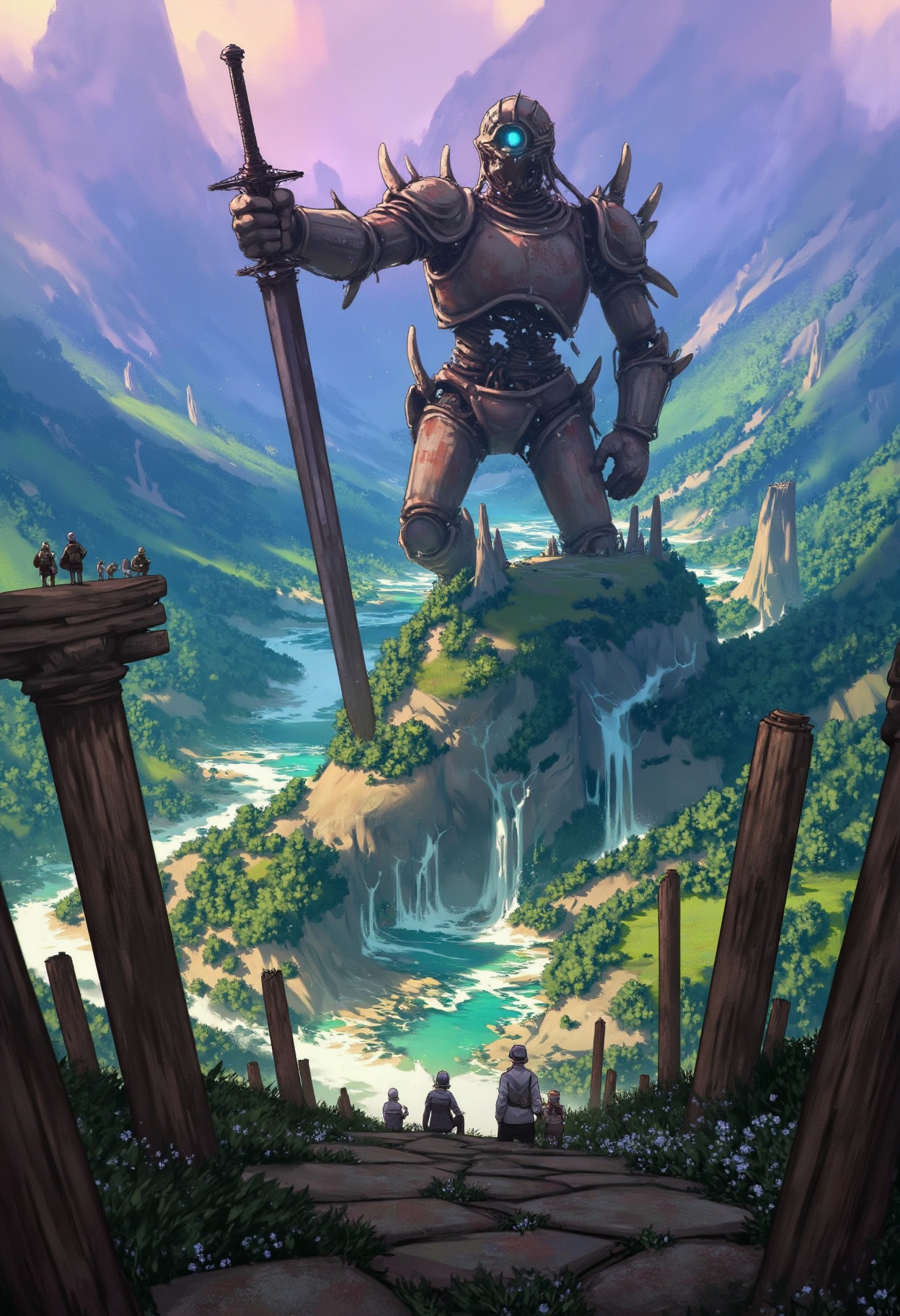 sc3n1ch0r1s0ns,  a grand fantasy landscape dominated by towering,  jagged mountains. The peaks stretch far into the sky on...