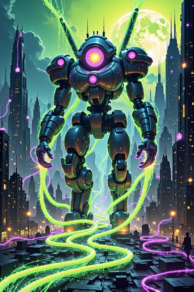neon_cable,  A cinematic shot frames the ravaged landscape,  with a sickly yellow haze hanging low in the air. A colossal...