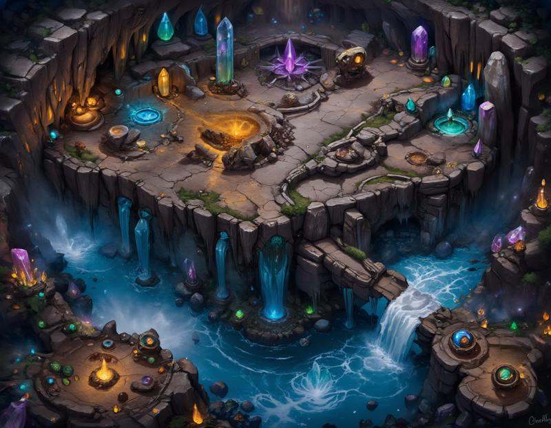 A vast underground cavern filled with glittering crystals of various colors. The walls shimmer with a soft glow,  and the...