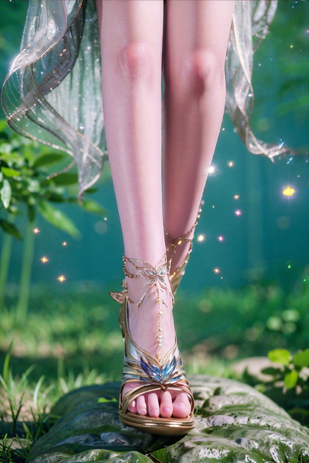 ((lower body)),((foot focus)),(close-up),feet,toes,toenails,jewelry,sandals,high heels,outdoors,flower,on stone,((glowing)),(glowing particles,sparkle),fireflies,shiny,blurry,Highly detailed,(ultra-detailed),(best quality,masterpiece:1.5),<lora:20240928-1727465731121:0.75>,