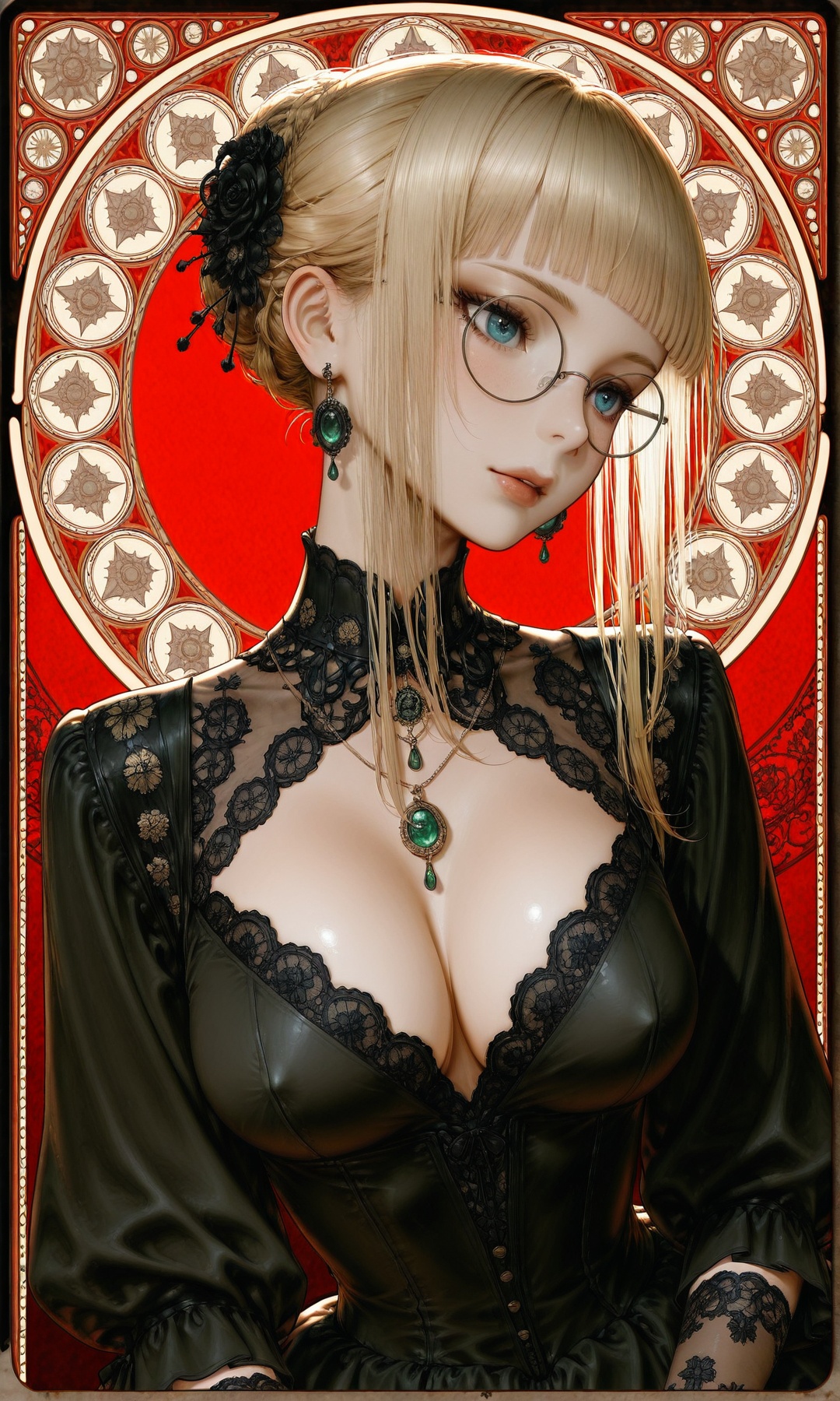"A captivating portrait of a woman with wavy blonde hair,  wearing round glasses and delicate earrings,  set against a tex...