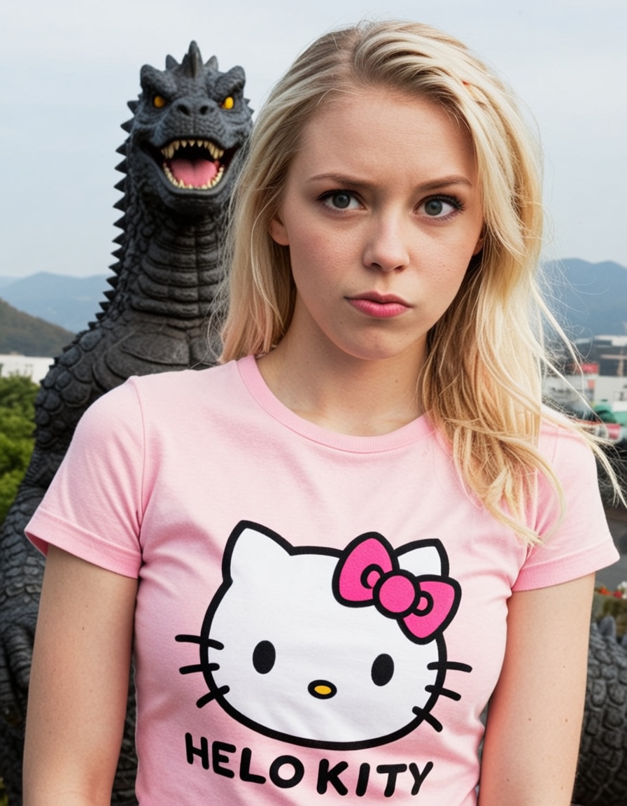 beautiful blonde girl with a pink hello kitty t-shirt,  godzilla in the background is judging you too on Tensor.Art