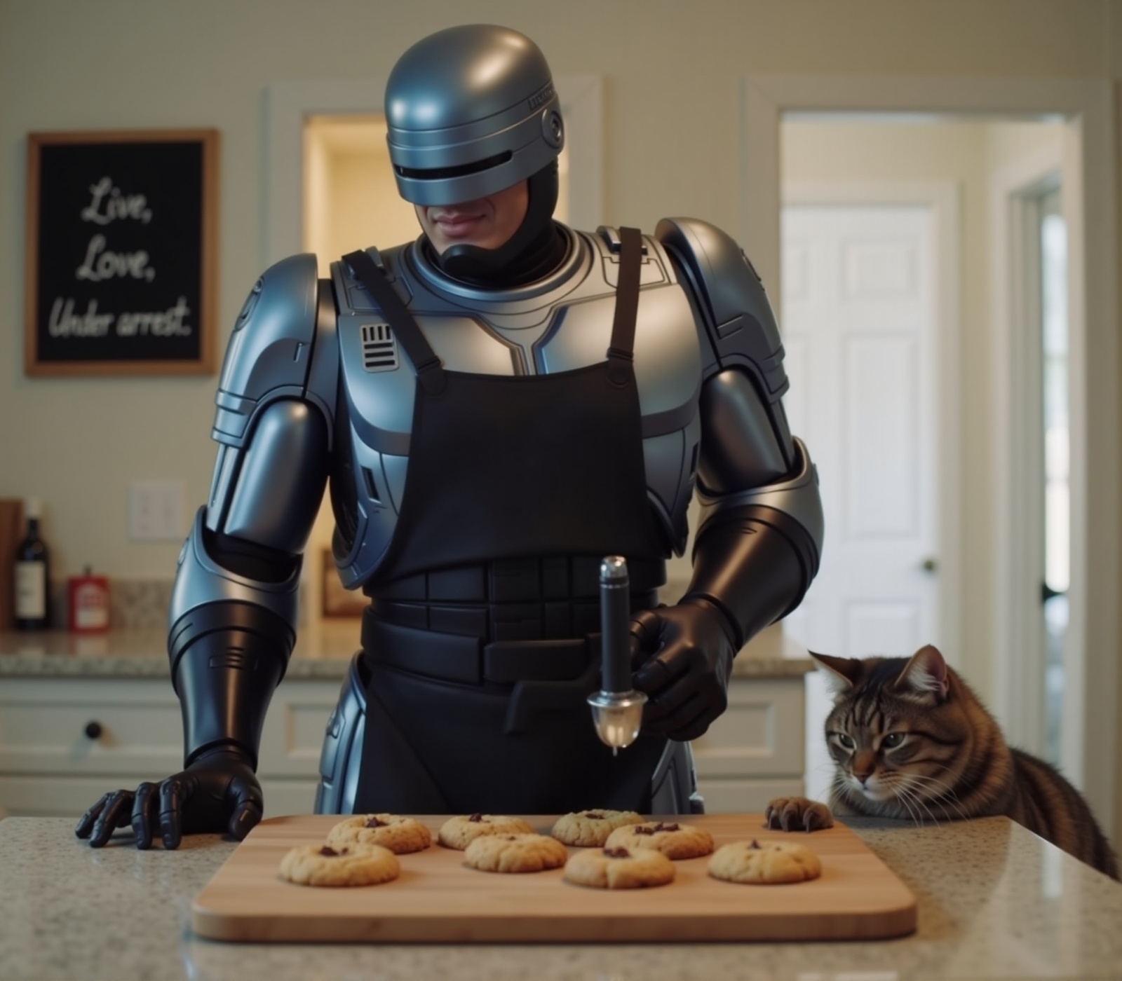 a photo of Robocop is cooking cookies in a modern kitchen. He is smiling. He wears an apron. his cute cat is looking a the...