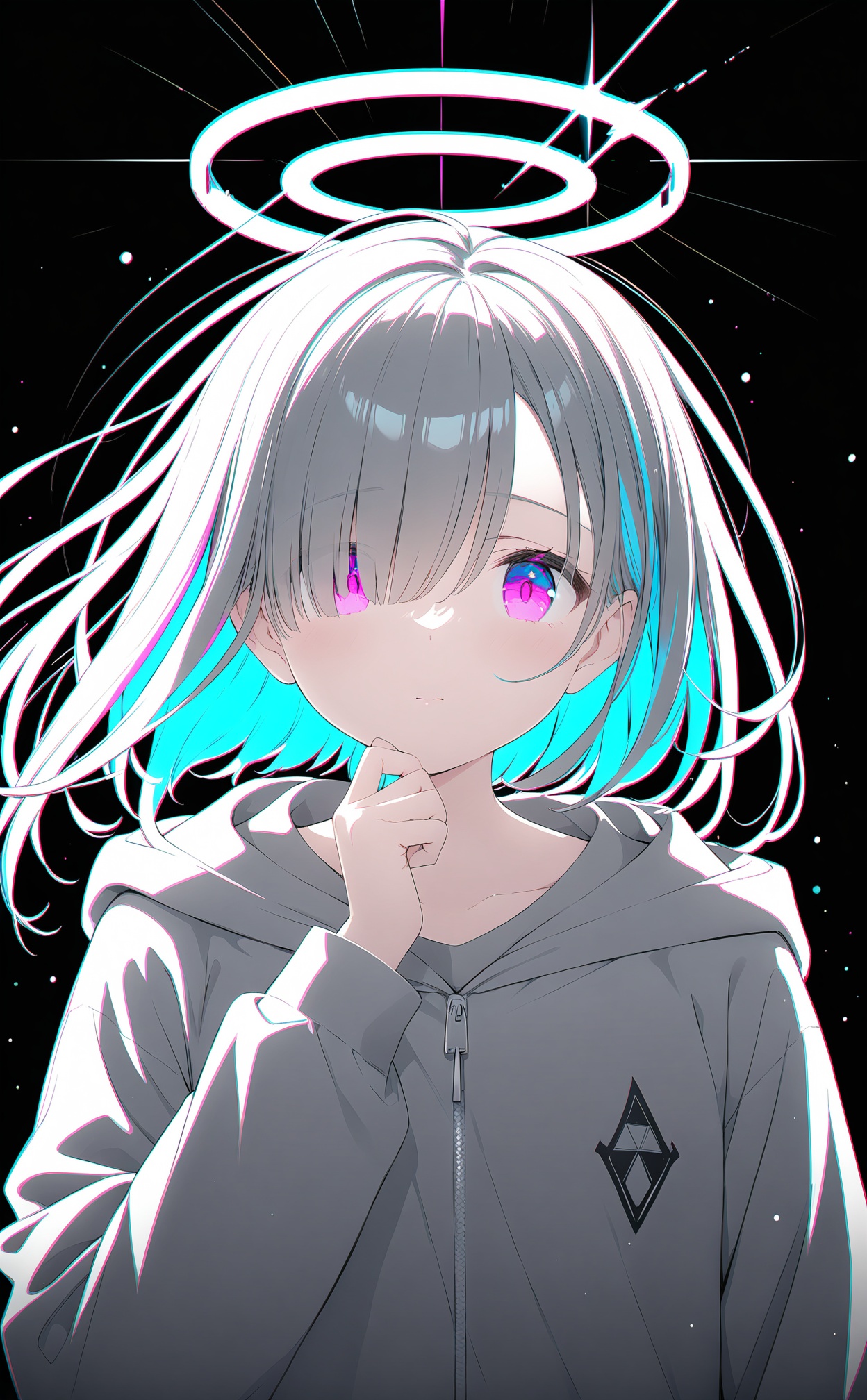 masterpiece,best quality,high quality,(colorful),loli,1girl,solo,abstract,fusion of Fluid abstract art and glitch,glitch hair,iridescent hair,black background,eye trail,glowing eyes,glowing streaks,light trail,double exposure,monochrome,spot color,chromatic aberration,pink eyes,hood down,closed mouth,multicolored hair,diffraction spikes,wide-eyed,simple background,portrait,hand up,hoodie,white hoodie,head tilt,streaked hair,white sleeves,hair over one eye,hood,halo,covered face,long sleeves,colored inner hair,looking at viewer,light particles,blue hair,expressionle,straight-on,one eye covered,long bangs,short hair,floating hair,