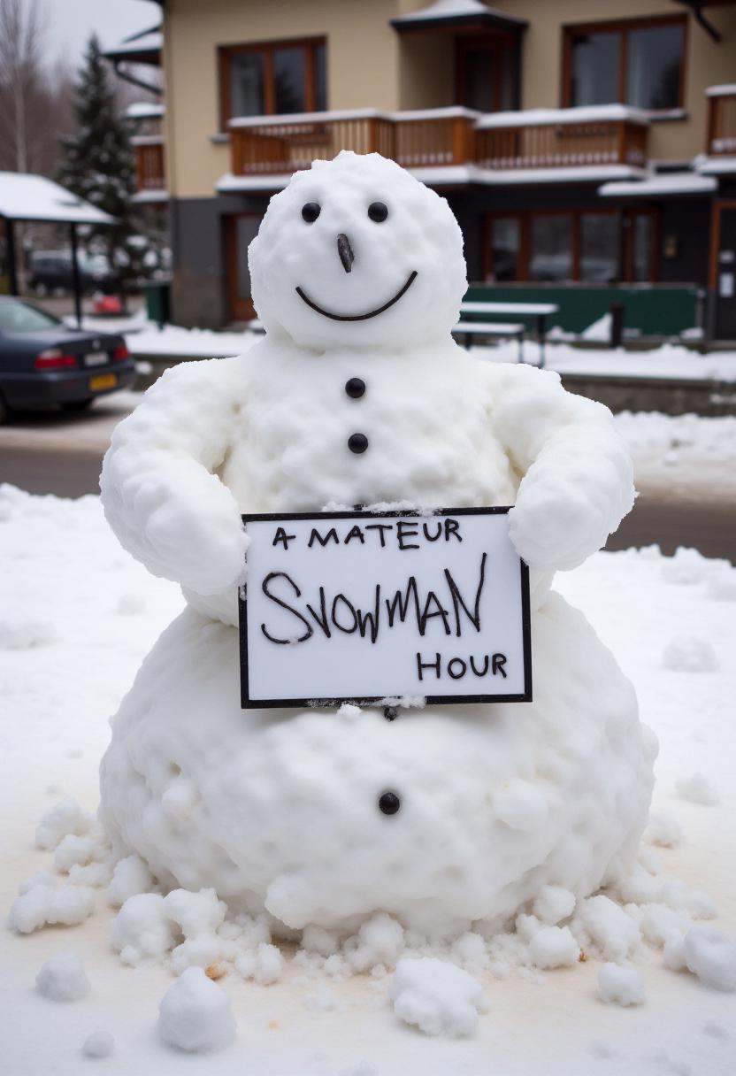 Realistic photograph of a snow sculpture,  crafted entirely from snow. The snow sculpture's texture is uneven,  with some...
