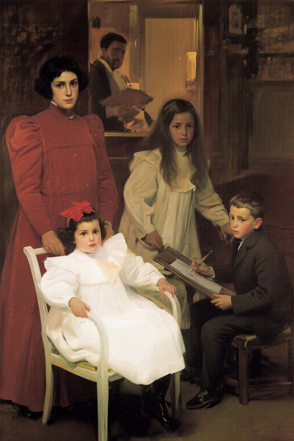 joaquinsorolla3q painting.A family scene with a woman,  two young girls and a young boy. A woman with short dark hair stan...