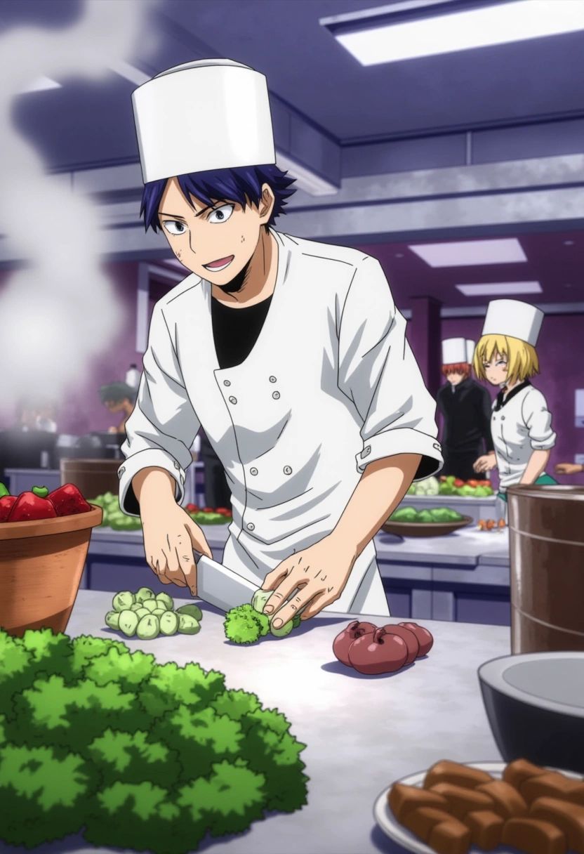 A chef working in a bustling kitchen,  surrounded by fresh ingredients and steaming pots. The chef is focused,  chopping v...