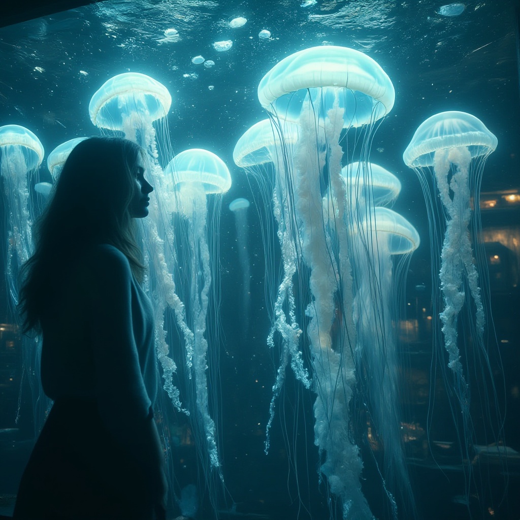 A woman watches glowing jellyfish in a mystical underwater lab. on Tensor.Art
