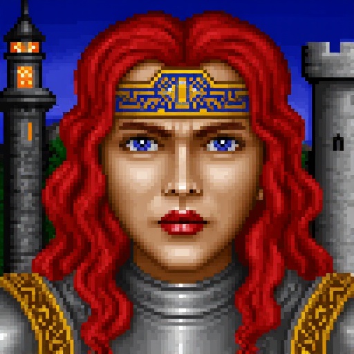 Original HoMM2 style portrait of Catherine Ironfist,  a female knight queen with long,  wavy red hair and a golden headpie...