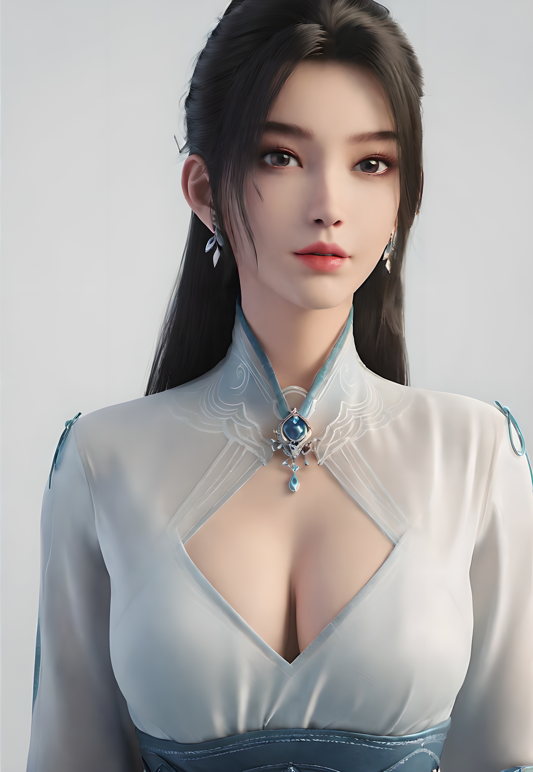 score_9,score_8_up,score_7_up,incredibly absurdres,<lora:SF_NingYao_Pony-000005:0.7>,1girl,solo,dress,large breasts,lips,jewelry,earring,long hair,looking at viewer,white background,full_shot,