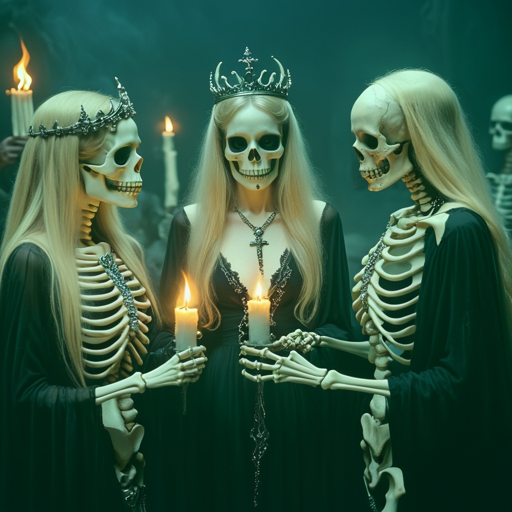 ArsMovieStill,  80s Fantasy Movie Still,  The image shows three people dressed up as skeletons standing in a dark and eeri...