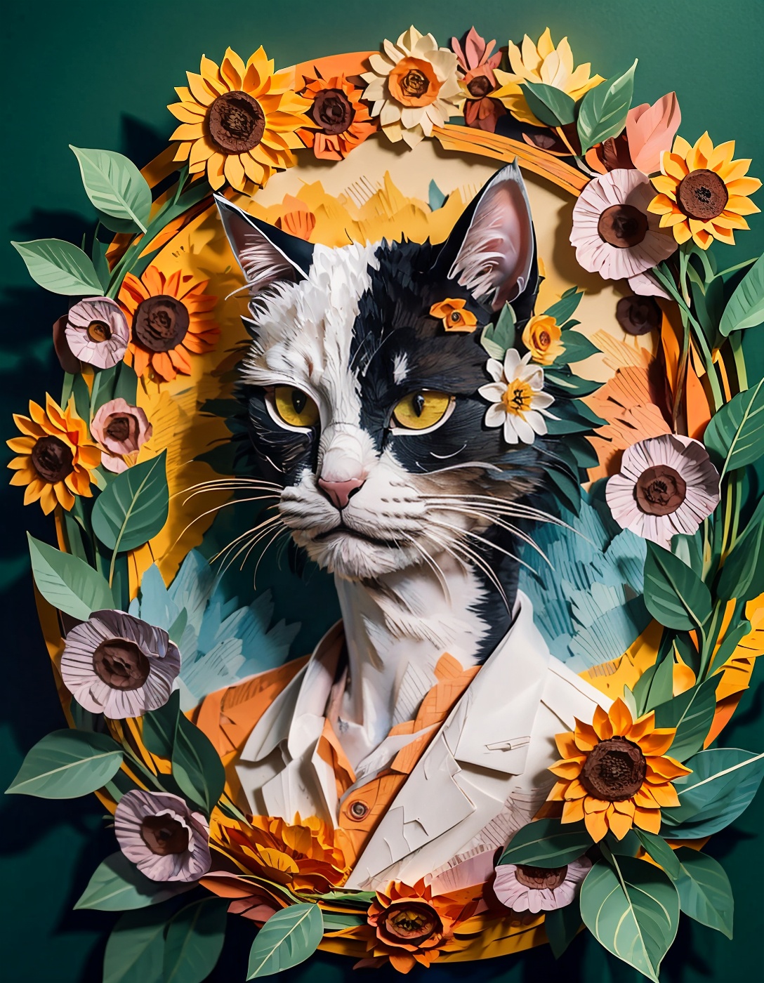 no humans,(cat:1.3),crown,orange,flower,sunflower,fantasy,abstract,(portrait),Highly detailed,(ultra-detailed),(best quality,masterpiece:1.5),<lora:paper art:0.85>,paper art,<lora:细节调整:0>,