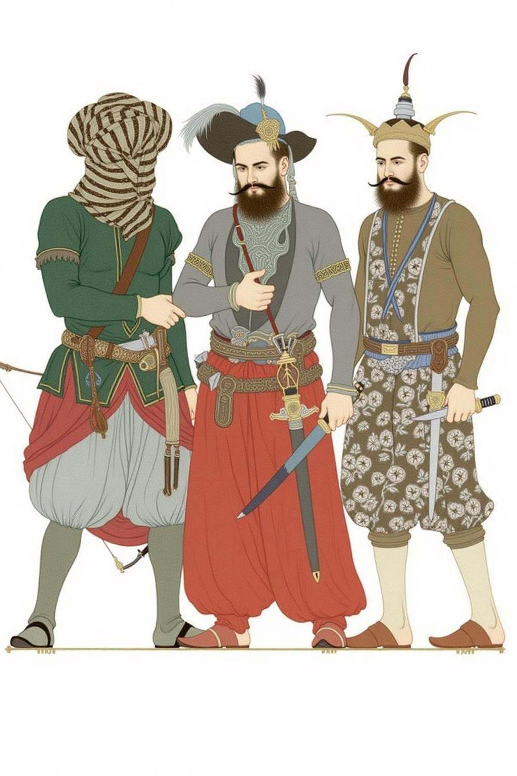 olgadugina1 illustration. Three Middle Eastern men in traditional Arabian attire each hold different objects. The left fig...