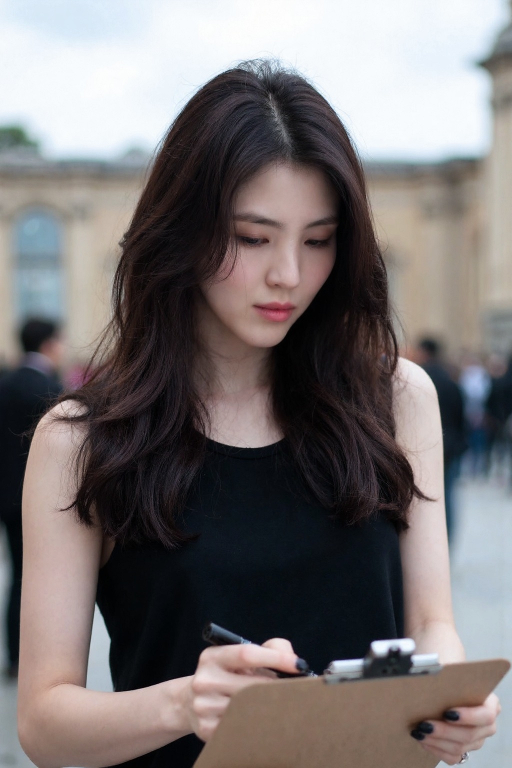 beautiful korean woman with long,  wavy dark hair,  standing outdoors wearing black tanktop. She appears to be signing som...