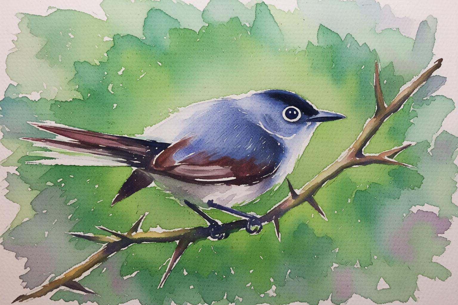 watercolorbasic2q watercolor painting.A small bird perched on a thorny branch. The bird has a blue-gray body with reddish-...