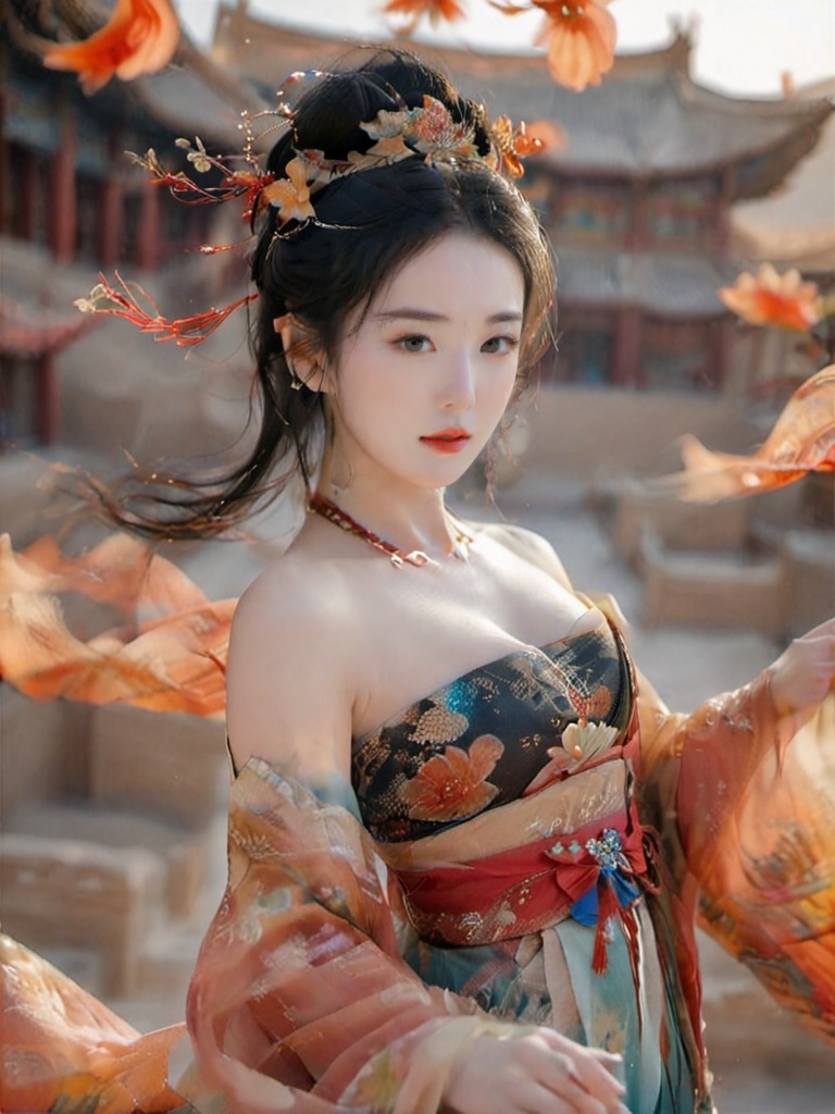 dunhuang,1girl,solo,earrings,jewelry,bare shoulders,black hair,architecture,blurry background,sash,shawl,east asian architecture,blurry,chinese clothes,floral print,looking at viewer,strapless,upper body,hanfu,off shoulder,cleavage,outdoors,makeup,wide sleeves,collarbone,long sleeves,flower,lipstick,dress,hair flower,hair stick,hagoromo,<lora:dunhuang-000008:0.8>,, best quality, ultra-detailed, masterpiece, finely detail, highres, 8k wallpaper
