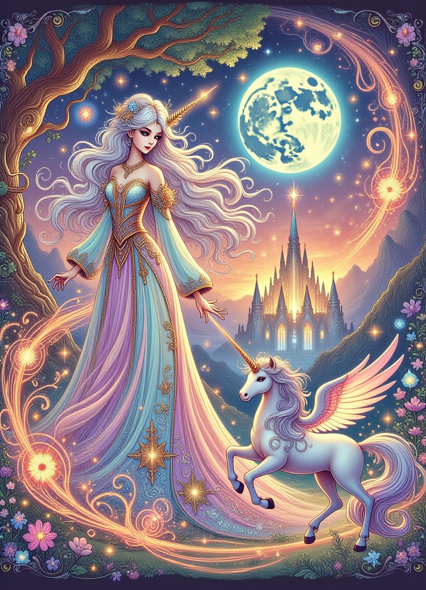 A mystical and fiery princess surrounded by swirling vortexes of orange and purple flames,  her long silver hair flowing l...
