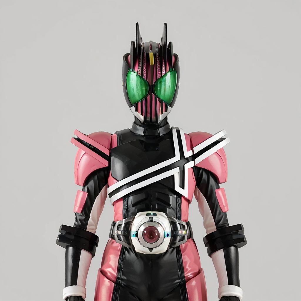 (grey background:1.2),(SOLO:1.4),(((simple background,))),outline,standing,looking at viewer,arms at side   dcd,decade,kamen rider,bodysuit,legwear,gloves,boots,cover,mask,armor,bodysuit,pink pattern on body,helmet, tokusatsu, no humans,science fiction, hard mask, no smile, no eyes, no nose, full armor,gauntlets,shoulder armor,breastplate,robot,mecha<lora:dcd-pony:0.8>
