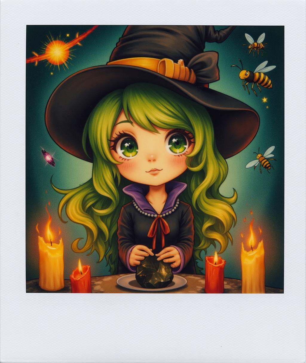 Polaroid frame of cute witch with colored hair surrounded by candles,  sparks,  bees on Tensor.Art