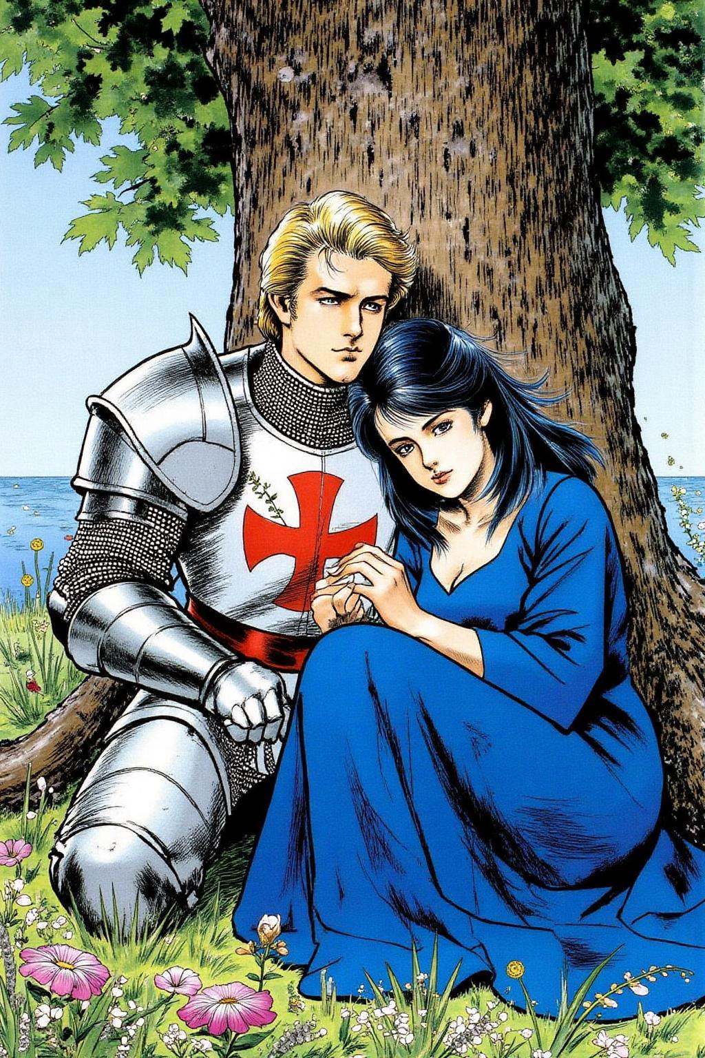 1keryo illustration.A blonde knight and a lady sitting under a tree. The lady has dark hair and is wearing a blue dress. T...