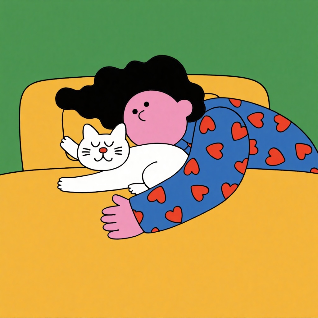A digital drawing in a minimalist,  cartoon style depicts a person with black curly hair and pink skin,  wearing blue paja...