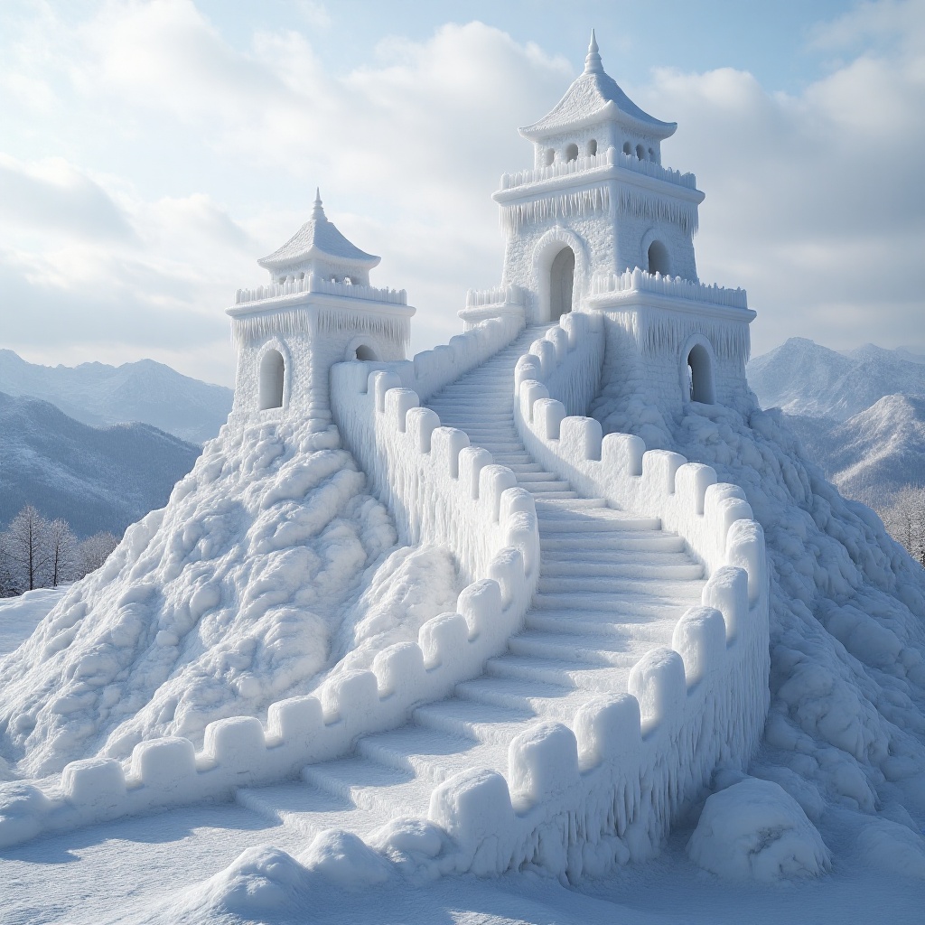 XUEDIAO,  A snow sculpture of the Great Wall,  winding walls covered in thick snow on Tensor.Art