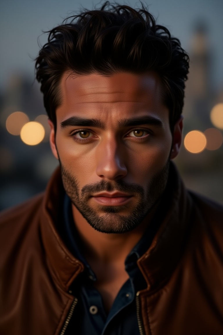 A striking portrait of a man with a strong,  defined jawline and sharp facial features. His dark,  tousled hair is intrica...