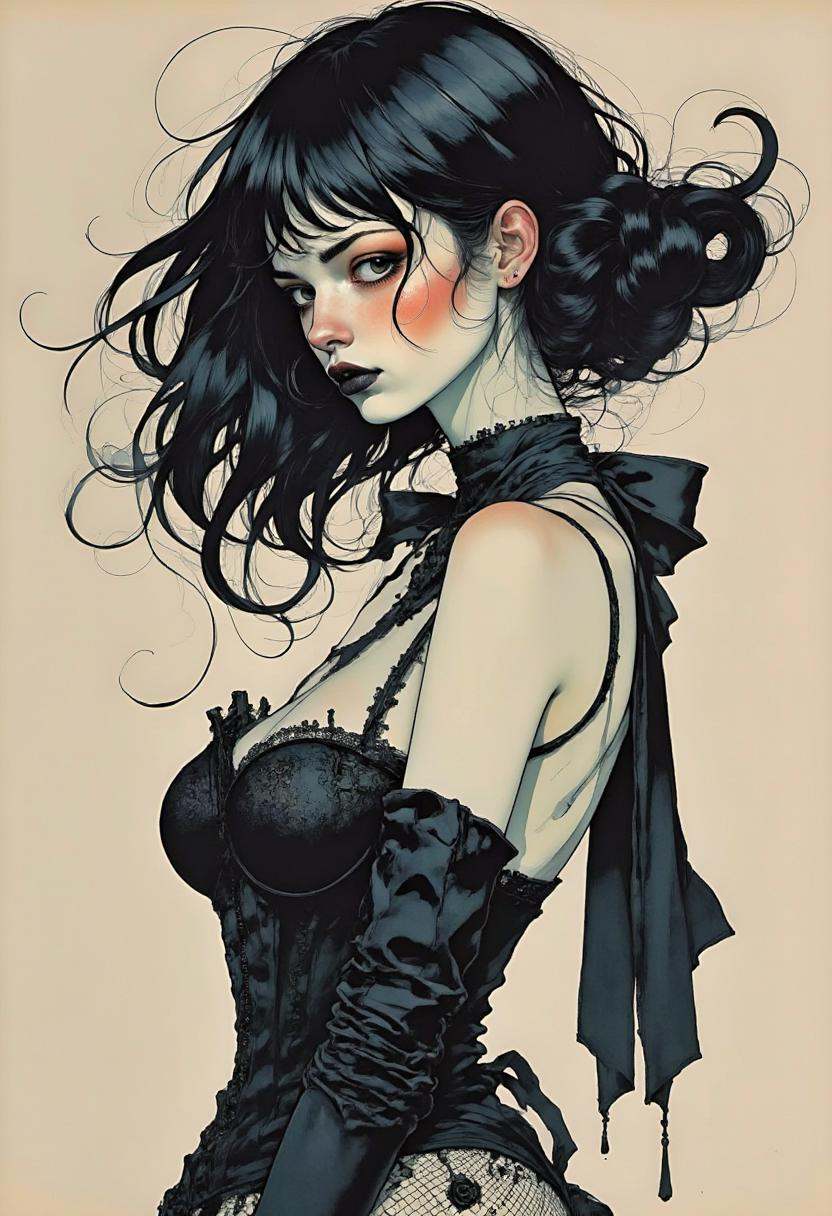 A digital illustration featuring Wednesday Addams ,  a beautiful 18 year old girl,  tall on Tensor.Art