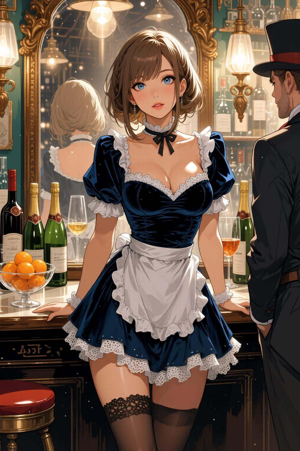 nijimix6q anime style illustration.A 19th-century bar with a young barmaid standing behind a lavish marble counter. She ha...
