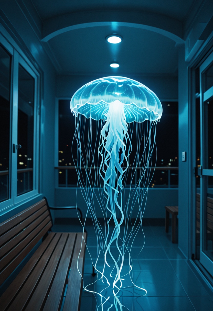 A hyper-detailed,  cyber-surreal photograph of a sleek,  A delicate mermaid duet plays coral harps under glowing jellyfish...