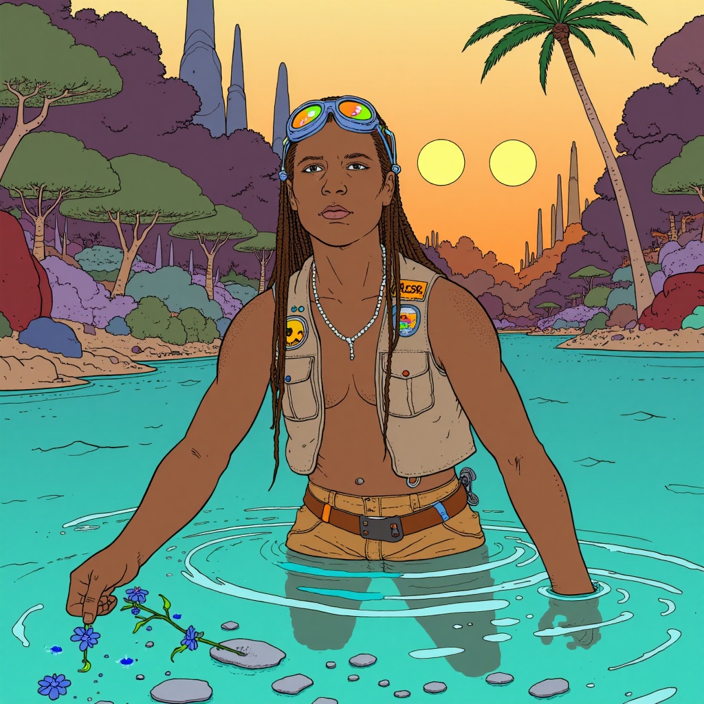 cartoon moebius illustration in mb artstyle of a lone explorer standing waist-deep in a crystal-clear turquoise lagoon sur...