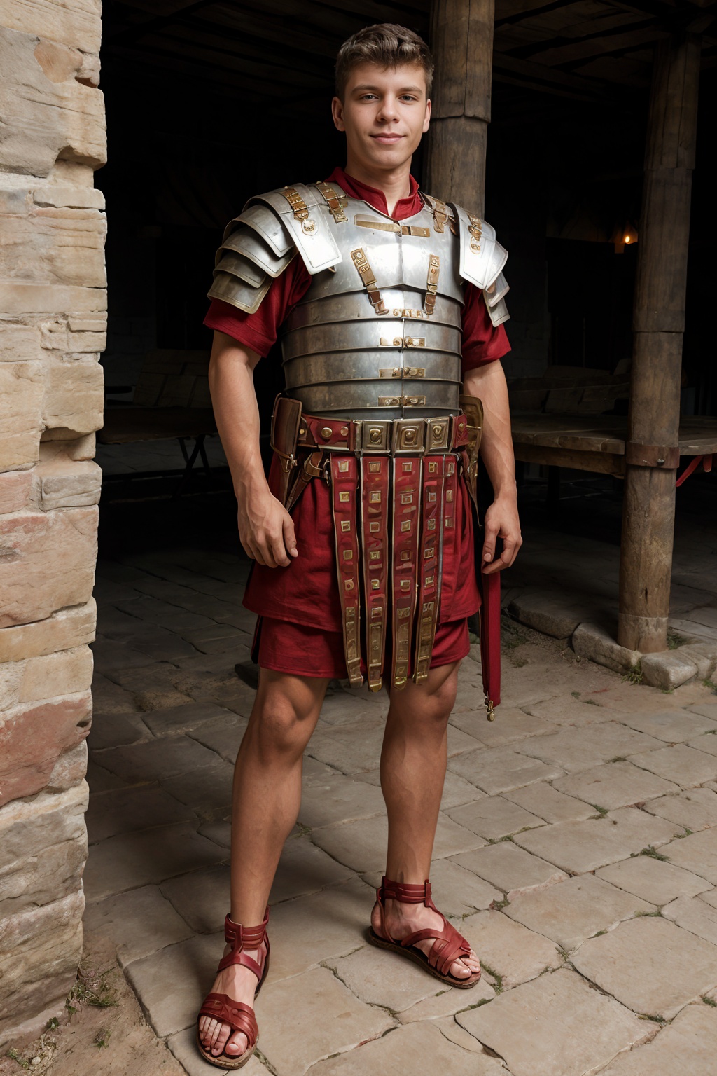 barracks of a Roman fort,  DrakeVon is wearing loriseg armor,  (red tunic) on Tensor.Art