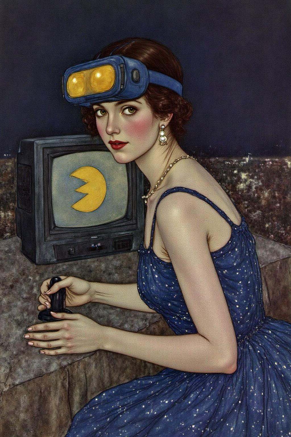 dulac1 illustration of a young woman turned slightly toward the viewer,  She wears a deep blue VR Headset with golden yell...