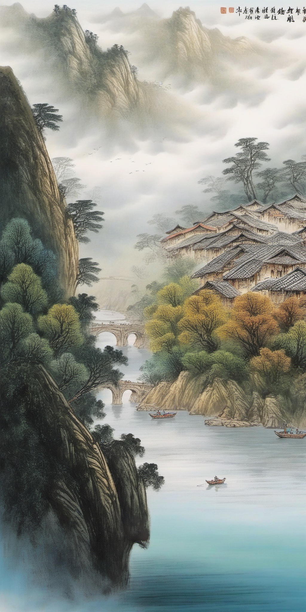 ((vivid)),((semi-realistic)),(dynamic),bustling riverside scene of ancient China,[tranquil river] flowing under [elegant arch bridges],[colorful boats] navigating the waters,[busy merchants] unloading goods from [river barges],[picturesque houses] of [local villagers],(Tang dynasty representation:1.1),[fishermen casting their nets],[vendors selling fresh catch],[peaceful farmlands] beyond the bustling city,(sunlit morning:1.2),(meticulous brushwork:1.1),[dynamic portrayal],[waterfront panorama],[authentic atmosphere],[vibrant authenticity],[captivating charm],[rich tapestry],8k resolution.,
