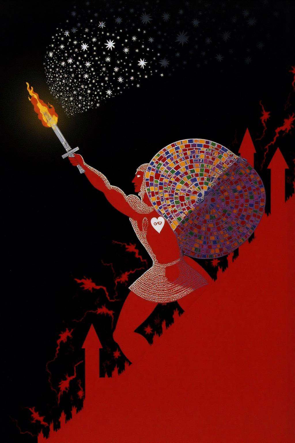 erte1 illustration. A knight,  shown in side profile,  with a heart symbol on his chest. He is leaping while pointing a gl...