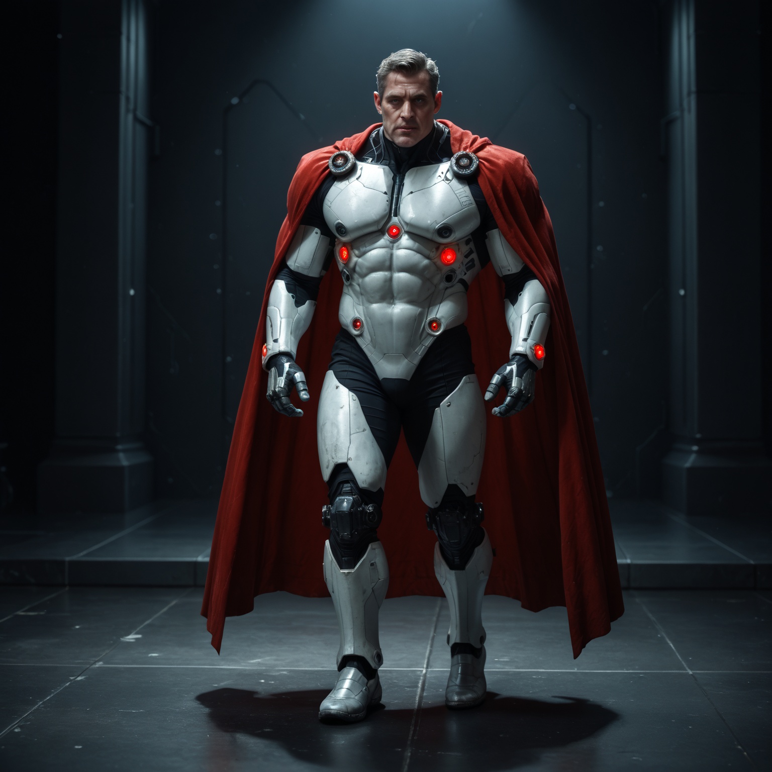 An ultrarealistic photograph of an enormous minimalist futuristic full-body power suit,  without lights,  made of white me...