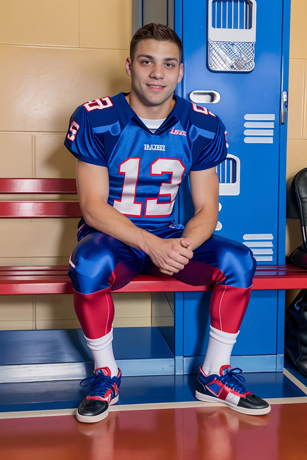 locker room,  lockers in the background,  sitting on a bench on Tensor.Art