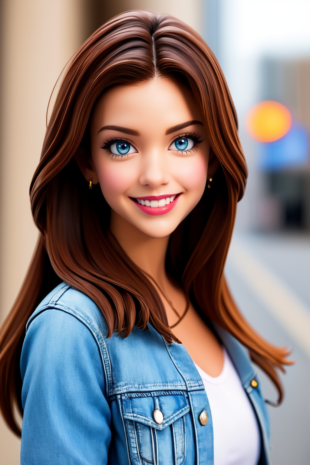 1girl, realistic, denim jacket, solo, photorealistic, brown hair, denim, looking at viewer, long hair, jewelry, blurry background, blurry, earrings, jacket, blue eyes, lips, smile