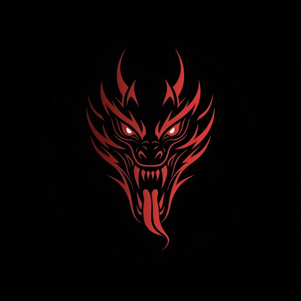 logo,no humans,red eyes,tongue,sharp teeth,teeth,simple background,open mouth,solo,fangs,tongue out,black background,