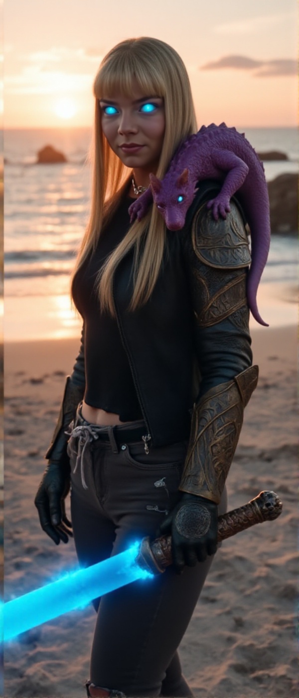 magik,  a woman with blond hair and a bangs,  blue glowing eyes. She wears a armguard. She carries on her shoulder a small...