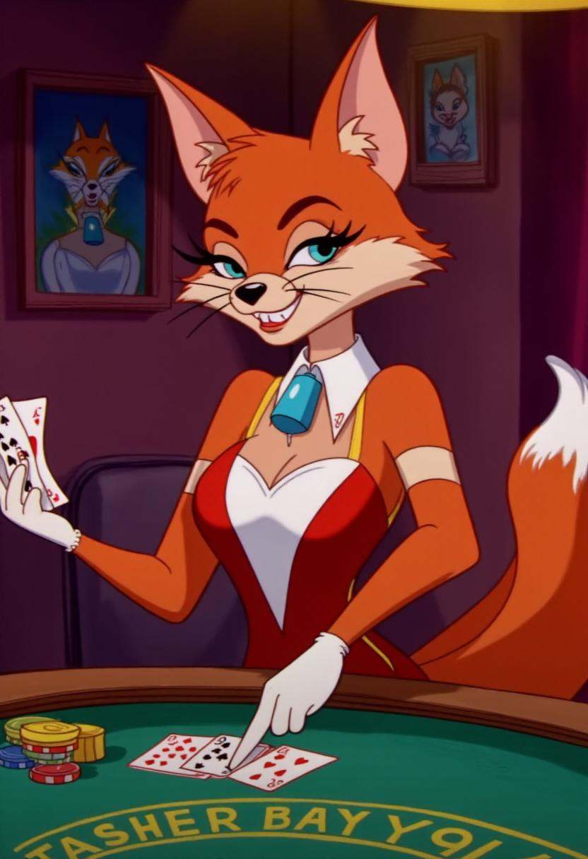 tjstyle cartoon image of a furry anthro fox lady dealing cards at a casino on Tensor.Art