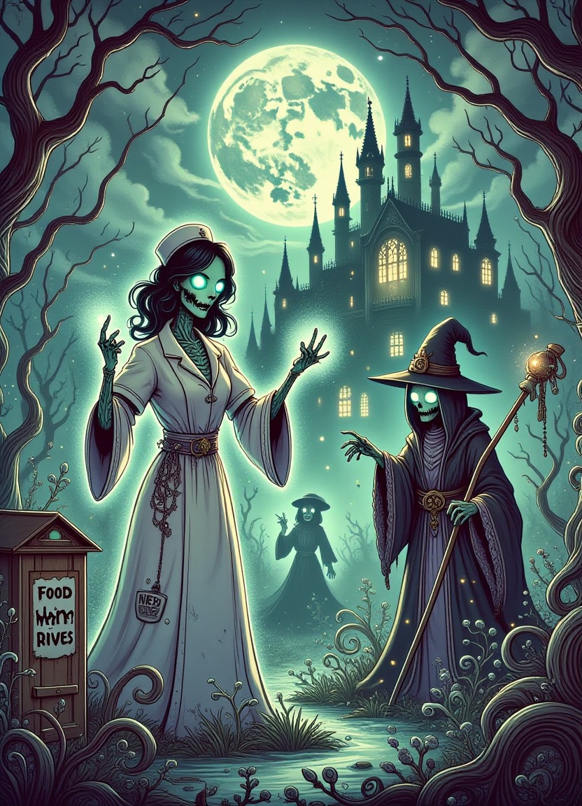 A mystical and eerie forest with a glowing full moon shining down through the treetops,  surrounded by twisted gnarled tre...