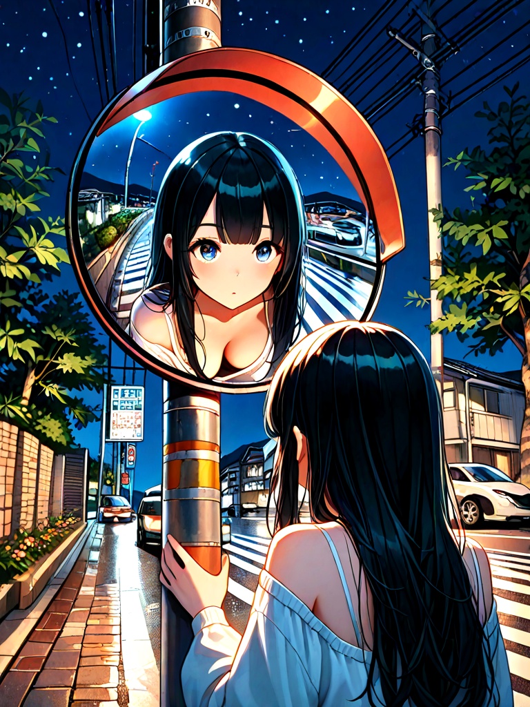 convex mirror,  traffic mirror,  utility pole on Tensor.Art