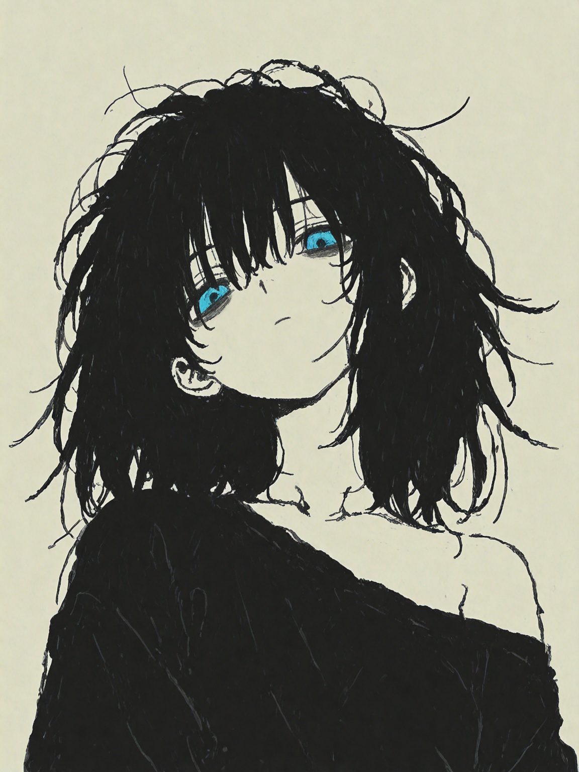 (by maki keigo:1.2)  linear hatching, hatching \(texture\),  1girl,  portrait, upper body, looking at viewer,  expressionless, single bare shoulder, head tilt, looking down, from below, (messy unfinished sketch:1.3),  limited palette, bags under eyes,  flat color, partially colored, multiple monochrome, masterpiece, best quality, amazing quality, very aesthetic,