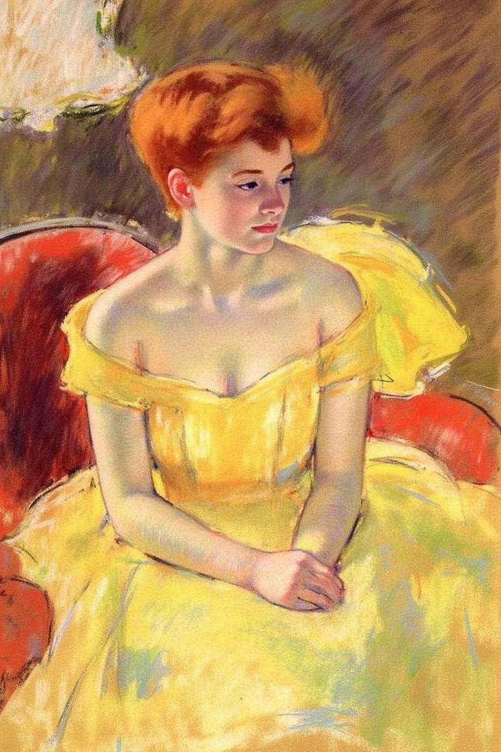 marycassatt2 drawing.A young woman is shown sitting in an indoor setting with short,  fiery red hair. She is in a serene,...