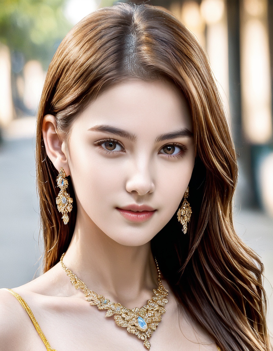 1girl, jewelry, solo, realistic, long hair, brown hair, necklace, looking at viewer, earrings, brown eyes, blurry