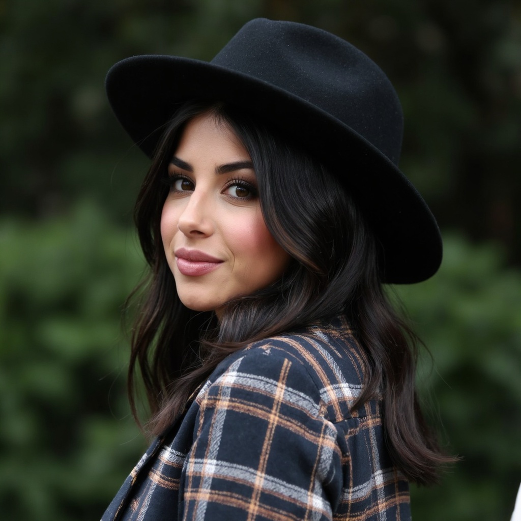 A portrait of daniella_monet captured in a side profile. She wears a black hat and a plaid blazer. Her long,  wavy black h...