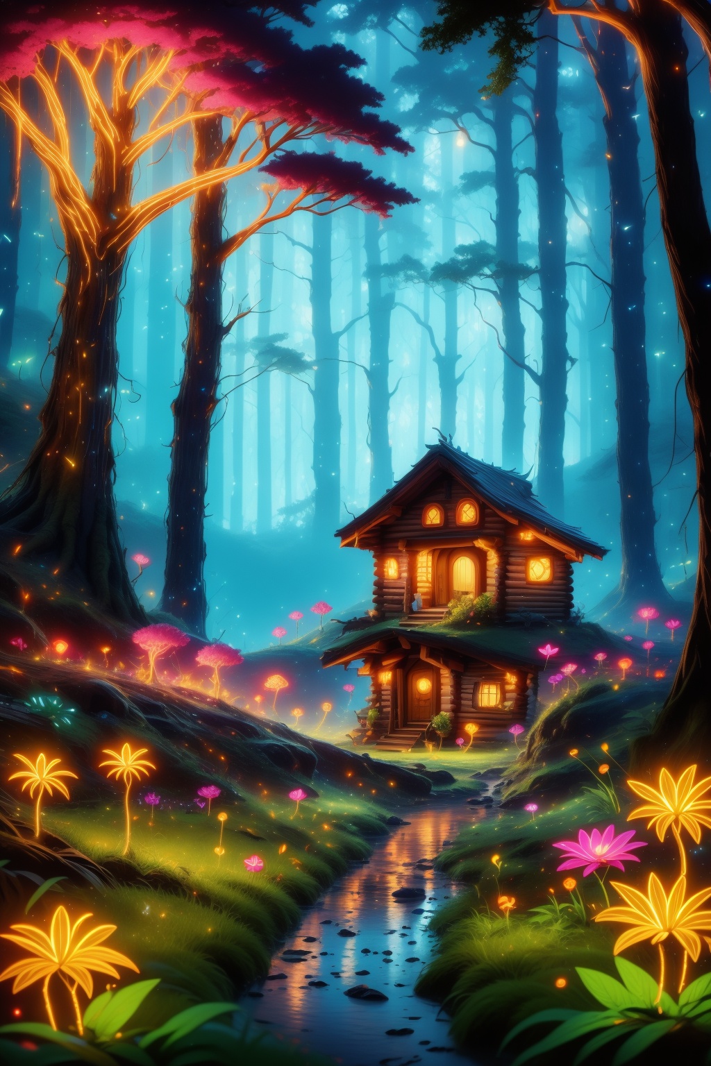 <lora:AgainWonderlandForest:1>,AgainWonderlandForest, (cabin:1.2), no humans, scenery, tree, night, outdoors, nature, star \(sky\), flower, sky, starry sky, night sky, forest, glowing flower, plant, reflection, (fireflies:1.4), fantasy, grass, light particles, leaf, rock, light, pink flower, blue flower, (grass road:1.3), bush,