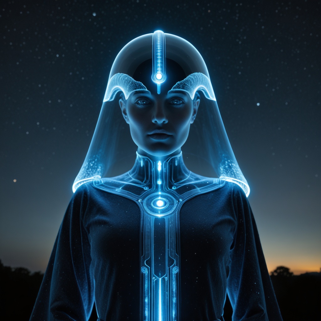 a cinematic,  futuristic scene featuring close-up portrait image of a mysterious figure in a dark,  flowing robe standing...